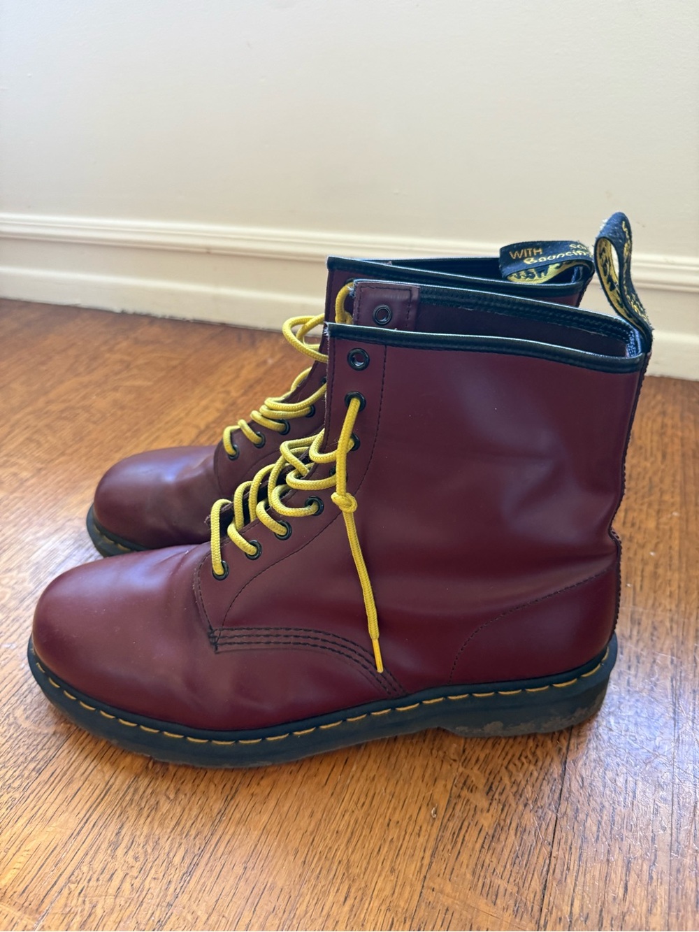 Dr. Martens Burgundy Leather Boots with Yellow Laces